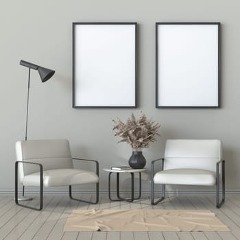 Mock up two blank picture frames with armchairs and black lamp 3D render illustration