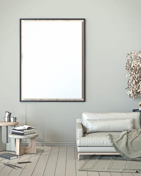 Mock up blank picture frame with sofa and sketchbooks 3D render illustration