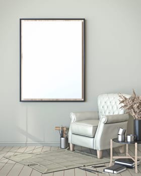 Mock up blank picture frame with leather armchair 3D render illustration