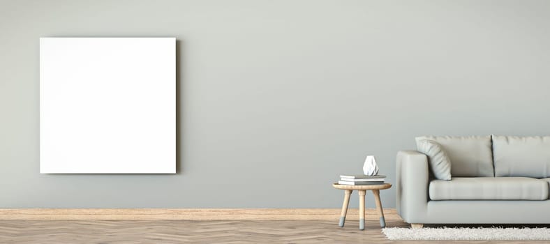 Mock up blank square picture frame with side table and beige sofa 3D render illustration