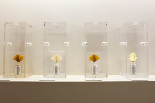 Museum display set of methacrylate boxes with several fragances. Specialized equipment for scents exhibitions