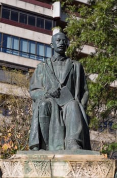 Caceres, Spain - Dec 1st, 2020: Jose Maria Gabriel y Galan monument. Spanish poet in Castilian and Extremaduran. Sculpted by Perez Comendador in 1926