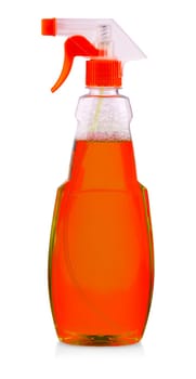 Red spray bottle with liquid isolated on white background