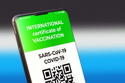COVID-19: Digital green certificate. Vaccinated digital health passport. Mobile Application on the Cellphone Screen. Vaccinated digital health passport valid digital vaccination certificate. 3D Render