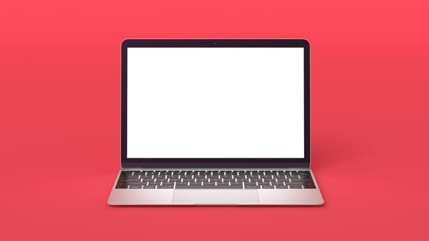Mockup of Modern Laptop with Blank Screen on Red Background. 3D Render illustration for Your Design.