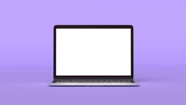 Mockup of Modern Laptop with Blank Screen on Purple Background. 3D Render illustration for Your Design.