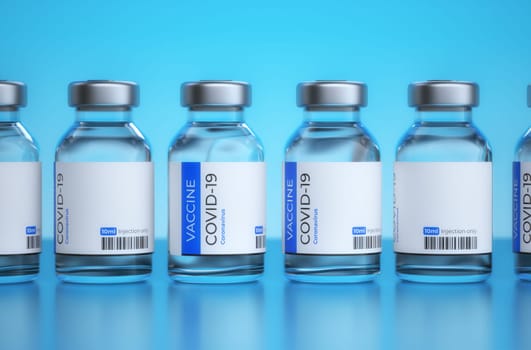 COVID-19 vaccination Concept. Covid19 vaccines inside bottles. Syringe with Vaccine from the Coronovirus on a Blue Background. COVID-19 Vaccine Medical Ampoule. 3D Render.