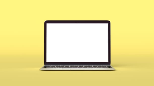 Mockup of Modern Laptop with Blank Screen on Yellow Background. 3D Render illustration for Your Design.