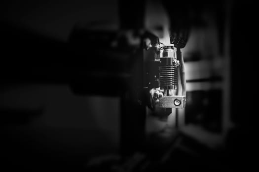 Modern 3D Printer Close-up Macro. Creative Abstract New Technologies Concept.
