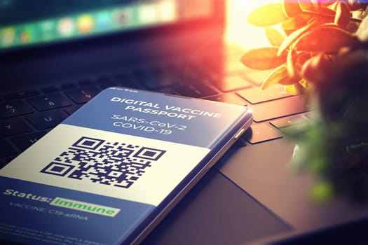 COVID-19 Vaccination Passport in Mobile Phone for Travel. Smartphone with Health Certificate app, Digital Coronavirus Pass. Concept of Corona Virus, immunity Passport and Tourism. 3D.