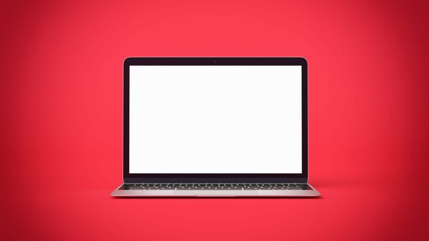 Minimalistic Laptop with Blank Screen. Mockup on Red, 3d Rendering