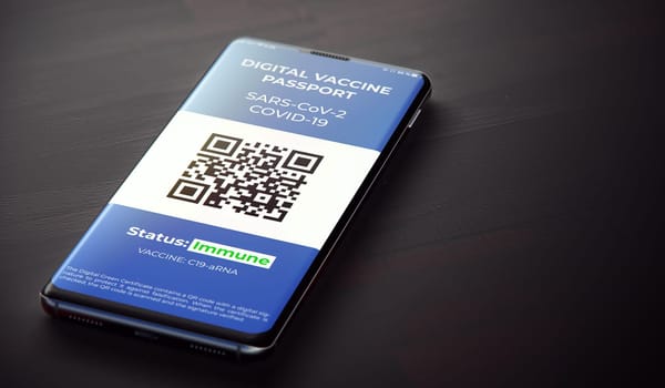 COVID-19 Vaccination Passport in Mobile Phone for Travel. Digital Health Passport app in Mobile Phone for Travel during COVID-19 pandemic.. 3D.