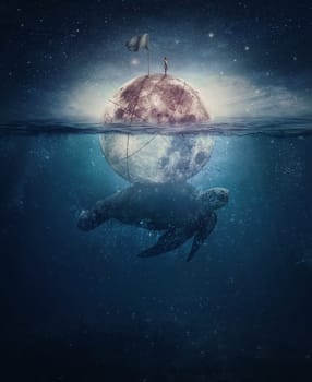 Surreal scene with a turtle, huge sea creature, carrying the full moon with a lone sailor on the top. Fantasy underwater seascape, and starry sky above. Magical night view, imaginary sailing adventure