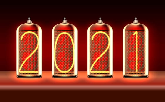 New Year greeting card with 2021 lit up in retro-styled nixie tube indicator lamps, includes transparency. Vector illustration.