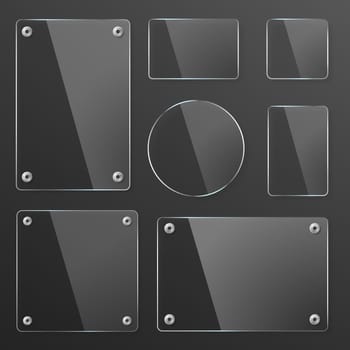 Transparent Glass plates set. Square shape, rectangle and round circle. See through mock up with mounts. Plastic banners with reflection and shadow. Photo realistic vector illustration