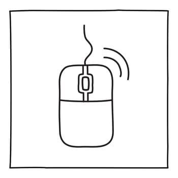 Doodle computer mouse icon or logo, hand drawn with thin black line. Isolated on white background. Vector illustration