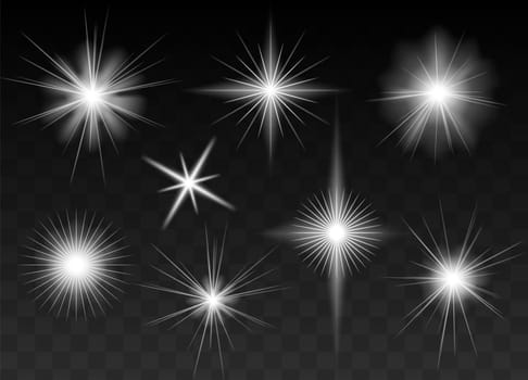 Glowing stars, sparkles, light flashes, shiny glitter set. Black half transparent background. Graphic elements for Christmas and birthday cards and invitations. Adds luxurious feel to your designs.