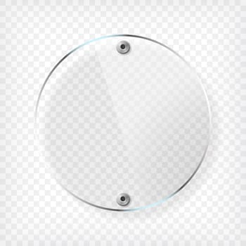 Transparent round glass plate. See through plastic banner with reflection, mounts and shadow on checkered background. Vector illustration