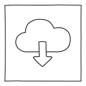 Doodle Cloud Download icon or logo, hand drawn with thin black line. Graphic design element isolated on white background. Vector illustration