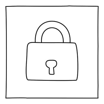 Doodle Padlock icon or logo, hand drawn with thin black line. Graphic design element isolated on white background. Vector illustration