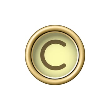 Letter C. Vintage golden typewriter button isolated on white background. Graphic design element for scrapbooking, sticker, web site, symbol, icon. Vector illustration.