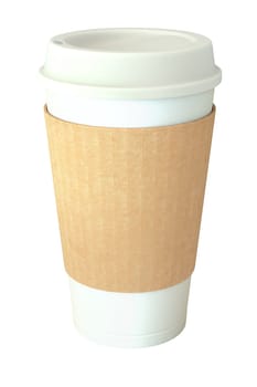 Blank white takeaway coffee cup with silicone cover and brown cardboard sleeve, isolated on white background. 3D illustration