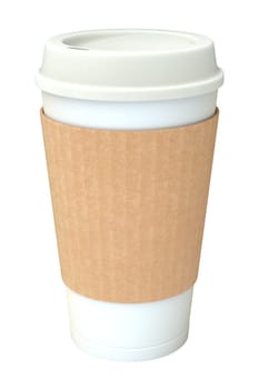 Blank white takeaway coffee cup with silicone cover and brown cardboard sleeve, isolated on white background. 3D illustration