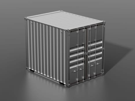 Ship cargo container 10 feet length. Dark grey metallic freight box with shadow grey background. Marine logistics, harbor warehouse, customs, transport shipping concept. 3D illustration