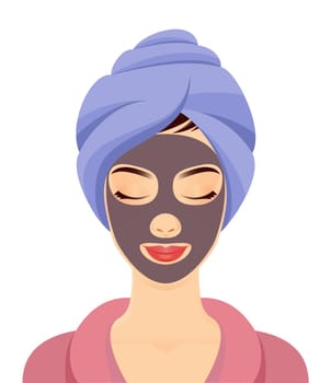 Girl getting spa treatment. Smiling woman wearing a towel and and coal face mask. Vector illustration isolated on white background