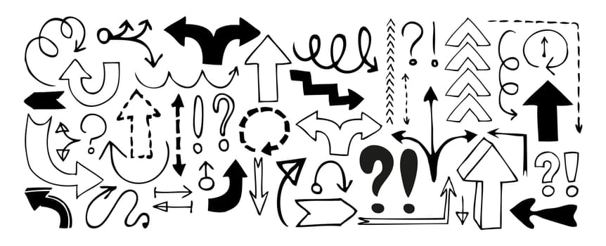 Doodle arrows, exclamation signs and question marks isolated on white background. Vector illustration