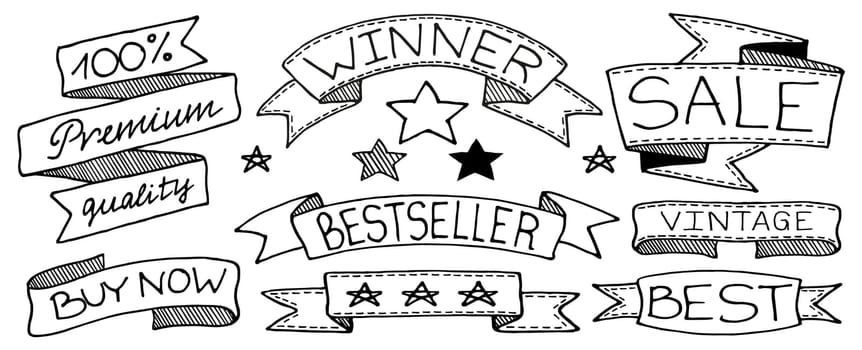 Doodle banners, flags, ribbons and tags set, hand drawn with thin line. Vector illustration isolated on white background