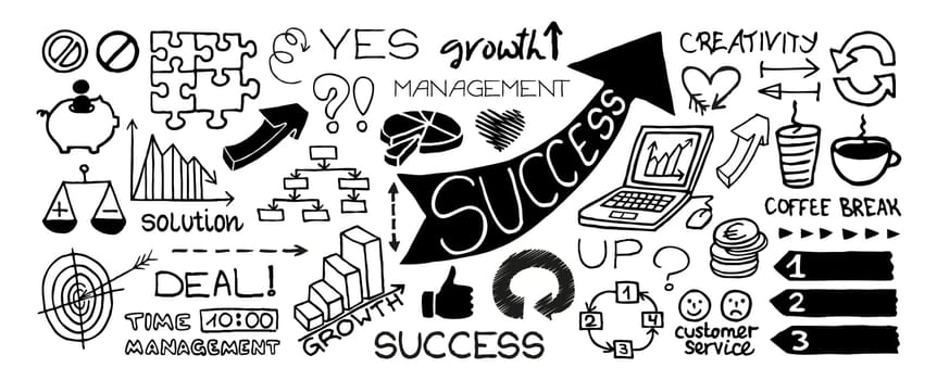 Doodle business symbols in a banner shape, hand drawn with thin line. Vector illustration isolated on white background