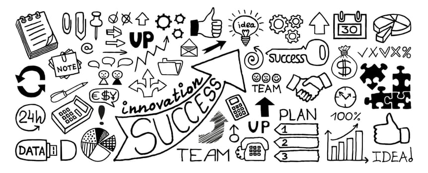 Doodle business symbols in a banner shape, hand drawn with thin line. Vector illustration isolated on white background