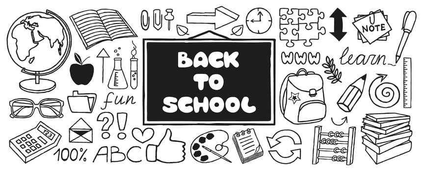 Back to School doodles banner, hand drawn with thin line. Educational icons set with blackboard, school bag, supplies, puzzle, thumb up. Vector Illustration isolated on white background