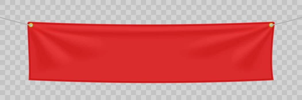 Red textile banner with folds, isolated on white background. Blank hanging fabric template. Empty mockup. Vector illustration