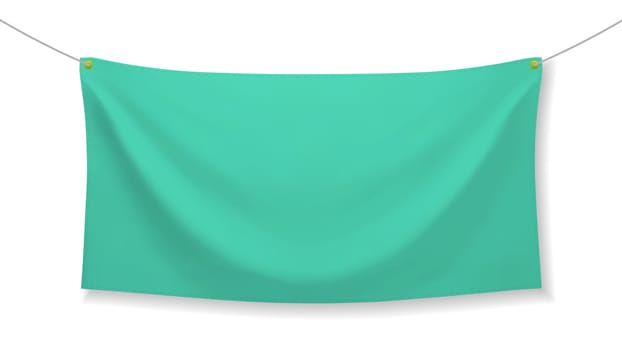 Green textile banner with folds, isolated on white background. Blank hanging fabric template, empty mockup. Vector illustration