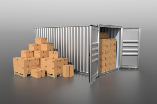 Ship cargo container side view, open doors, full with cardboard boxes. Pile of cardboard boxes on pallet. 3D illustration
