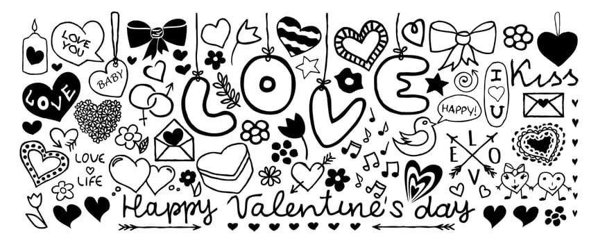 Doodle banner with hearts, arrows, bows, presents, flowers etc. Design elements for Valentine's Day, wedding invitation etc. Vector illustration isolated on white background