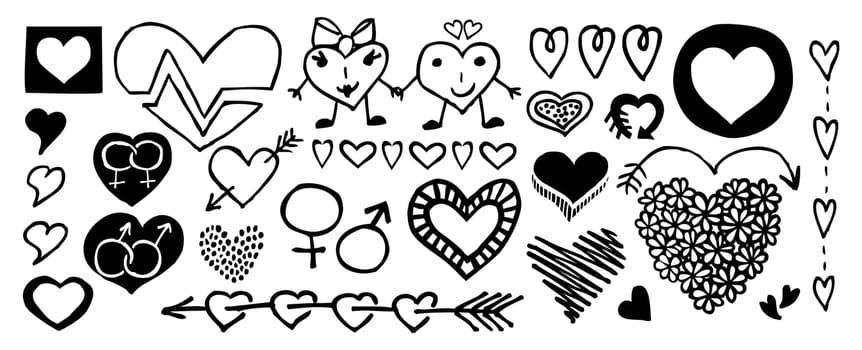 Doodle banner with hearts, arrows, bows, presents, flowers. Design elements for Valentine's Day, wedding invitation, baby shower, birthday card etc. Vector illustration isolated on white background
