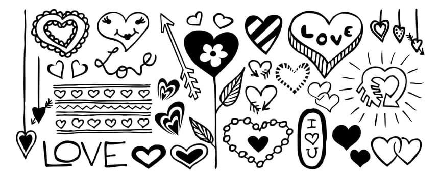 Doodle banner with hearts, arrows, bows, presents, flowers. Design elements for Valentine's Day, wedding invitation, baby shower, birthday card etc. Vector illustration isolated on white background