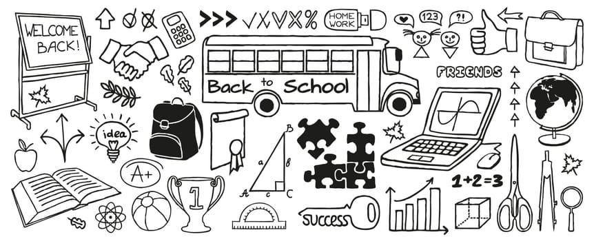 Back to School doodles banner, hand drawn with thin line. Educational icons set with school bus, supplies, puzzle, thumb up. Vector Illustration isolated on white background