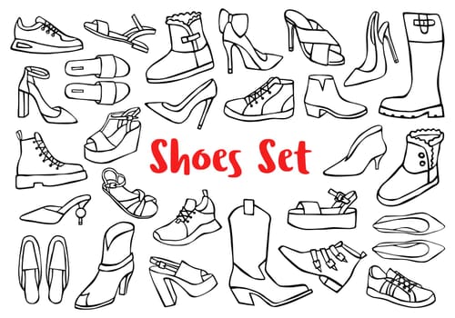Hand drawn doodle shoes, pumps, boots, sneakers isolated on white background. Vector illustration