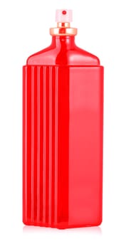 The close up red perfume bottle on white background