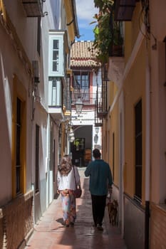 A tourist couple walking by narrow street of Santa Cruz neighborhood, historic district of Seville, Spain
