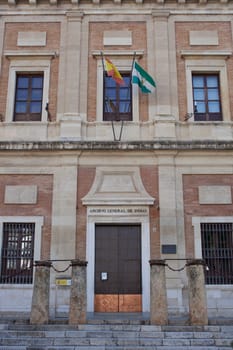 General Archive of Indies building main entrance, Seville, Spain. Repository of valuable archival documents of the Spanish Empire in the Americas and the Philippines