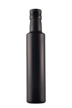 front view closeup of black long thin bottle with metallic screw cap isolated on white background