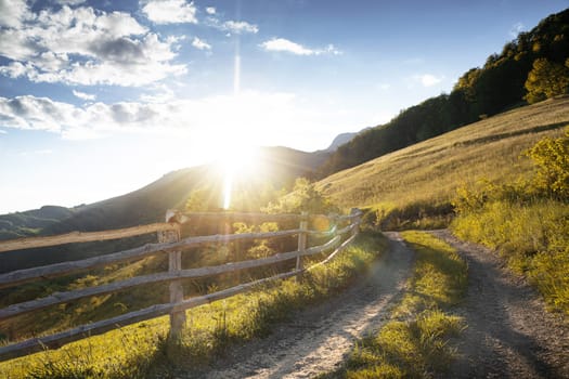 beautiful landscape scenery with hillside green country road and wooden fence at sunset with blue sky above