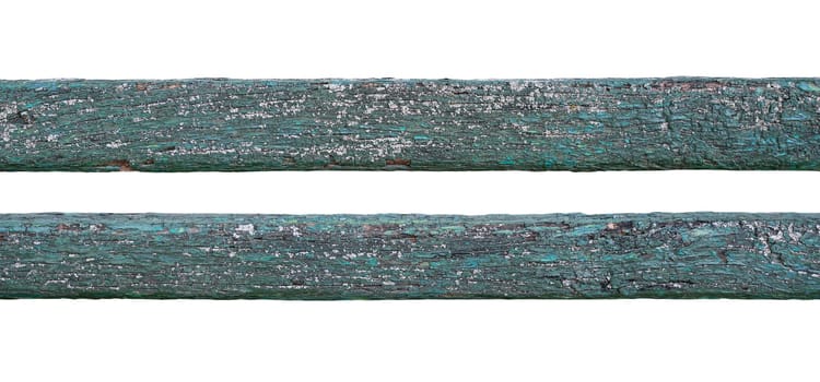 closeup detail texture of blue painted weathered planks of wood isolated on white background