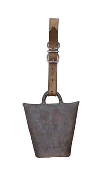 front view closeup of metal rusted cowbell with leather collar isolated on white background