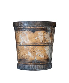 front view closeup of aged wooden bucket with metal rings isolated on white background